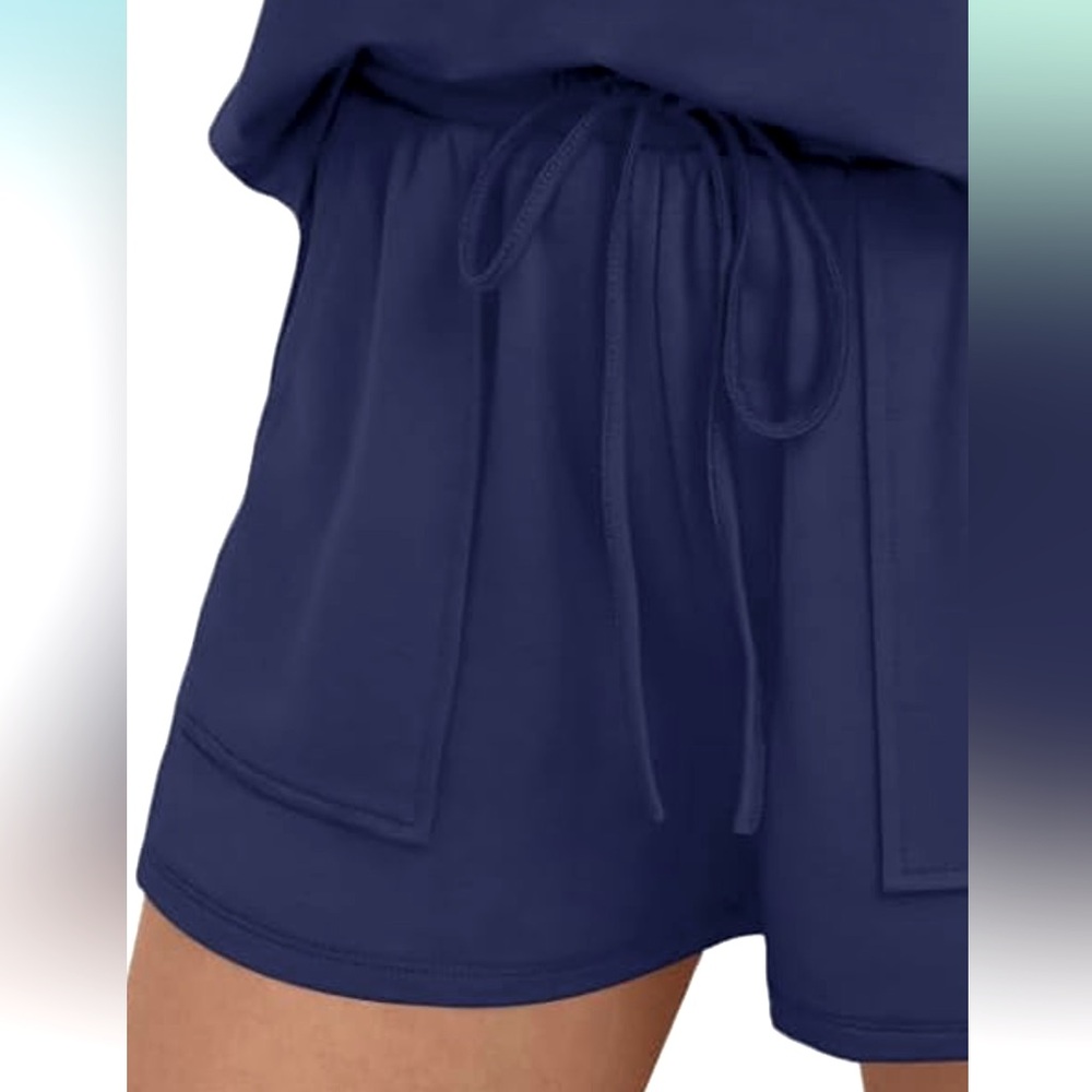 Navy Blue Sweat Shorts High Waist Drawstring Waist Comfy Pockets Amazon NWT - Picture 4 of 5